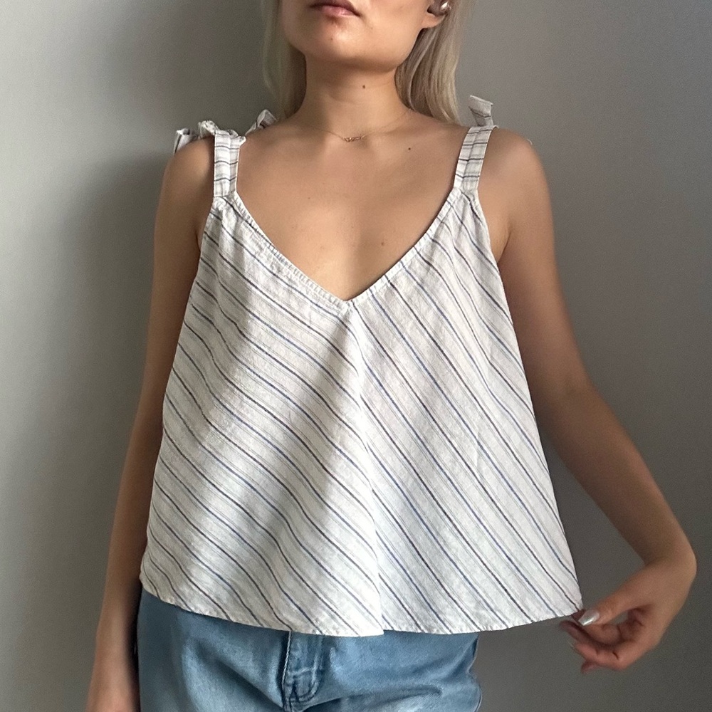 NWOT Zara Stripes Linen Tie Shoulder Straps Flowy Top in White & Blue